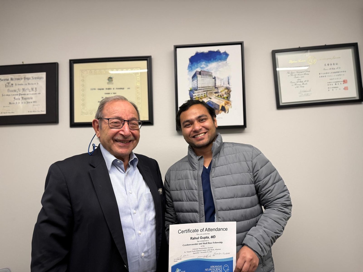 Dr Rahul Gupta with his certificate from the Cerebrovascular and Skull Base Fellowship, Arkansas Neuroscience Institute